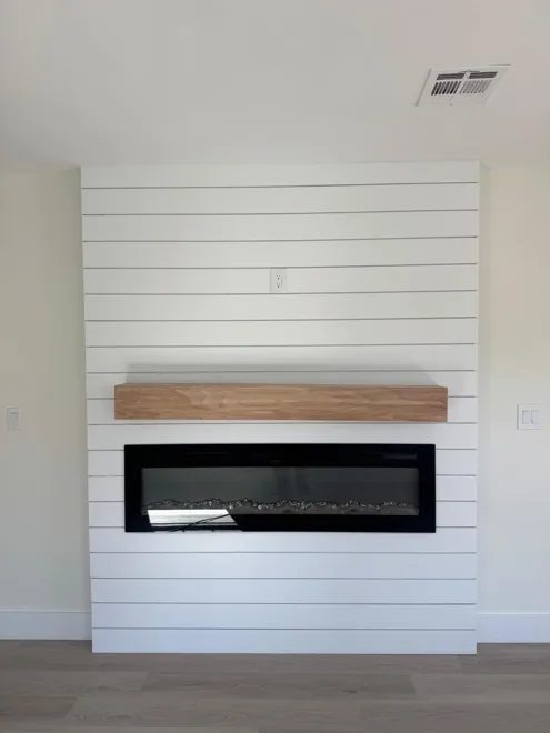 Kitchen, flooring & fireplace — Shiplap fireplace wall